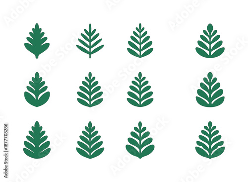 Fern Icon Variations. Fern. Icon set. Set Logo of fern: layered fern clusters. harmonious logo variations of the same emblematic concept, each with different
