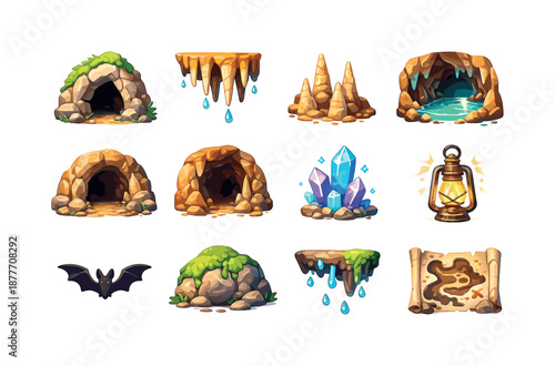 Cave Icons Collection. Caves and caverns. Colorful flat vector icons set of caves and caverns: cave entrance, stalactites, stalagmites, underground lake, rock