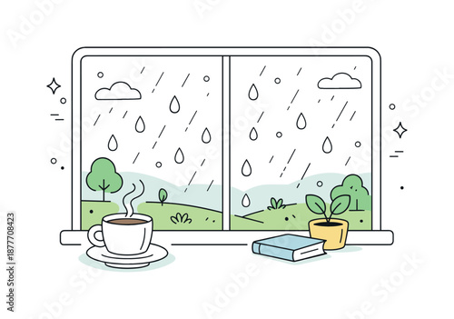 Cozy Rainy Day. Rainy spring day. A window view with raindrops on glass and soft greenery visible outside. Cozy indoor mood, quiet observation, gentle spring
