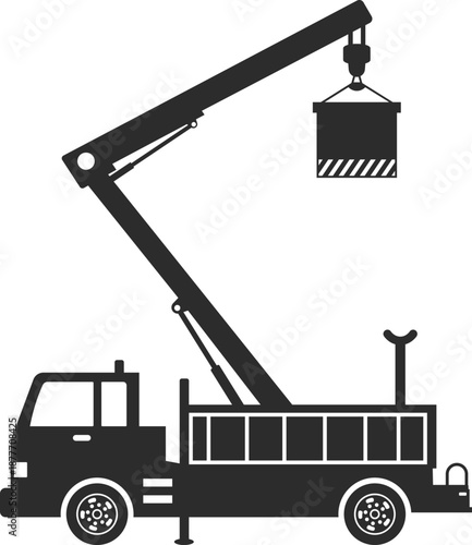 Bucket Truck Silhouette, Lineman Truck Icon SVG black isolated, Industrial Crane Truck, Vector Illustration Design Equipment