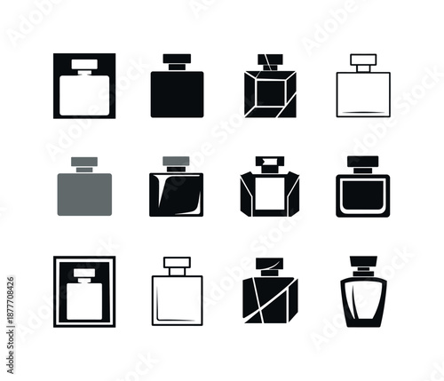 Perfume Icon Set. Perfume bottle. Icon set. Set Logo of Perfume bottle: modern rectangular bottle. harmonious logo variations of the same emblematic concept,