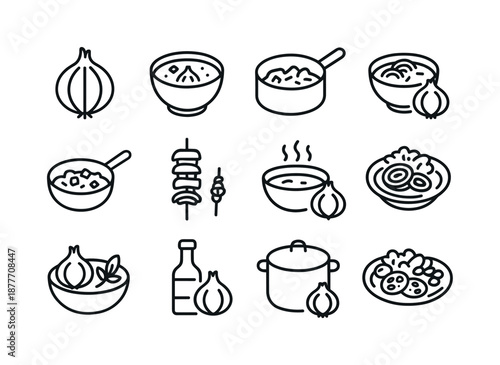 Global Onion Icons. Onion. Line icon set of global onion use: French onion soup, Indian masala base, Mexican salsa, Italian soffritto, Chinese stir-fry base,