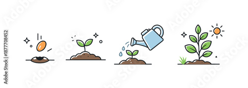 Gardening Icons Steps. Planting process icons. Simple step-by-step scene showing seed, soil, sprout and watering can, expressing growth, care and