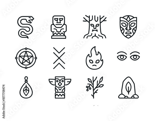 Legendary Guardian Icons. Legendary guardians. Line icon set of Legendary guardians: serpent guardian, stone idol, tree guardian, ancient mask, enchanted