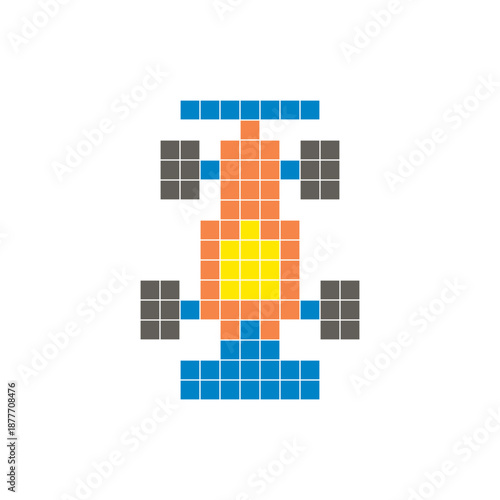 A flat pixel design made of geometric square color blocks on a clean icon layout. Pixel art race car