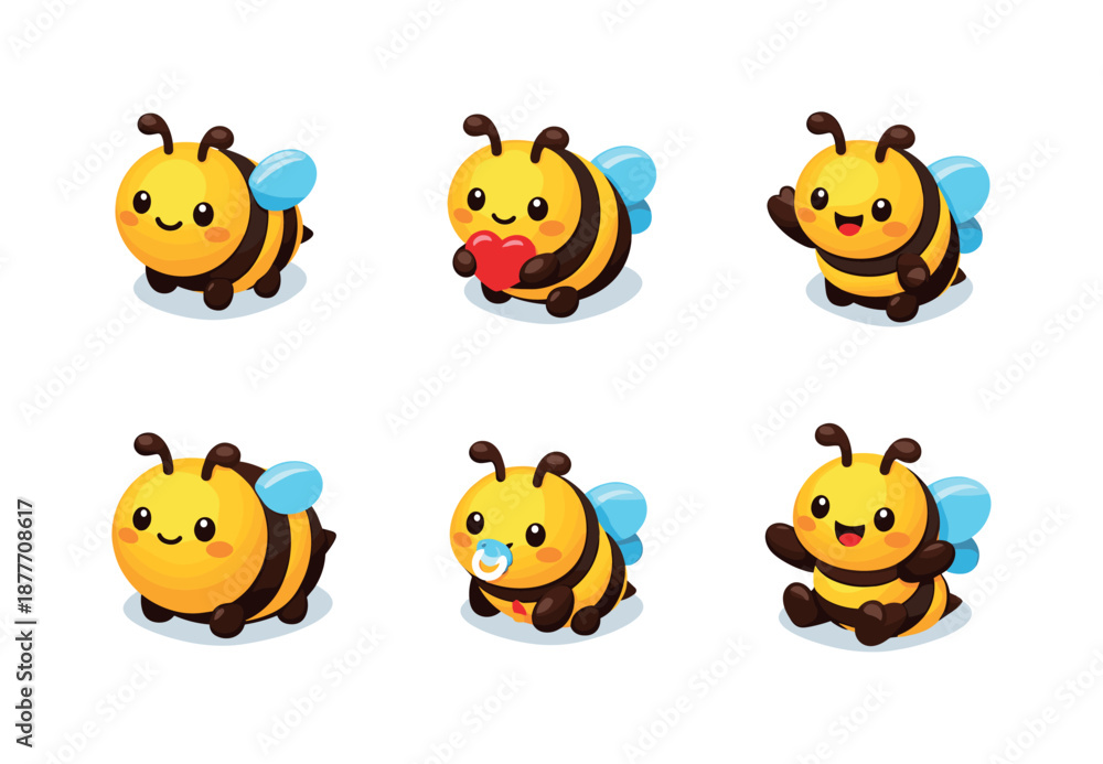Fototapeta premium Cute Bee Icons. Cute bee. Isometric flat vector icons set of Cute bee: smiling bee, bee with tiny heart, bee waving wing, chubby bee, baby bee, cartoon bee