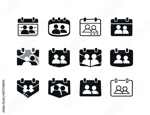Coworking Icon Set. coworking. Icon set. Set Logo of coworking: shared calendar schedule. harmonious logo variations of the same emblematic concept, each with