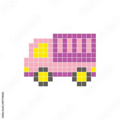 A flat pixel design made of geometric square color blocks on a clean icon layout. Pixel art cargo truck