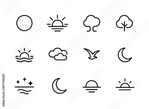Sunset Icon Collection. Sunset magic. Line icon set of Sunset magic: glowing orb, fading rays, silhouette tree, quiet waves, dimmed clouds, drifting bird,