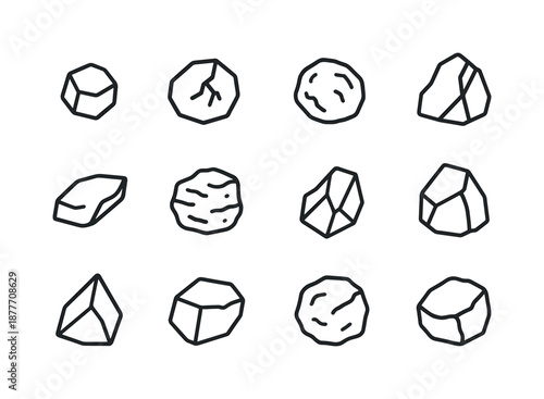 Rock Fragment Icons. Rock fragments. Line icon set of Rock fragments: stone chip, cracked rock, rough pebble, jagged boulder piece, mineral flake, erosion