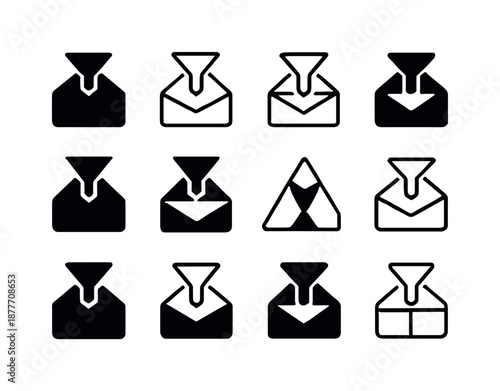 Inbox Architecture Icons. Inbox architecture. Icon set. Set Logo of Inbox architecture: Priority filtering gate: Filled silhouette, Minimal outline, Stylized