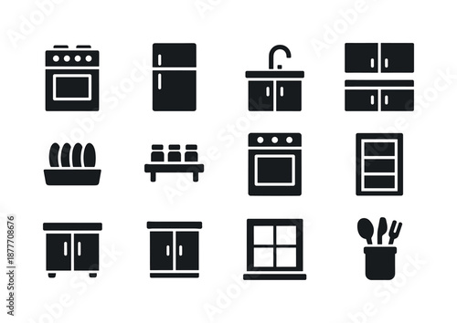 Minimalist Kitchen Icons. Home kitchen. Solid icon set of home kitchen: stove, refrigerator, sink, cabinets, counter, dish rack, spice shelf, oven, pantry