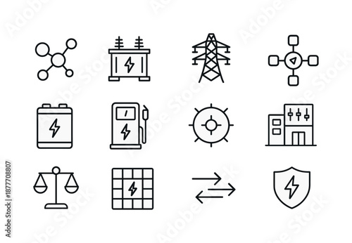 Sustainable Grid Icons. Sustainable grid infrastructure. Line icon set of Sustainable grid infrastructure: smart grid node, transformer unit, power lines,