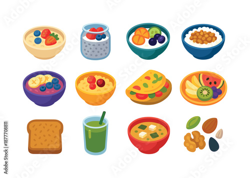 Global Breakfast Icons. Healthy global breakfasts. Colorful flat vector icons set of healthy global breakfasts: oatmeal with berries, chia pudding,