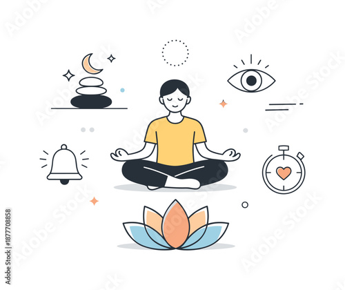 Mindful Balance Art. Mindfulness and yoga editorial illustration. Minimal person, lotus flower, and abstract meditation icons arranged in a balanced