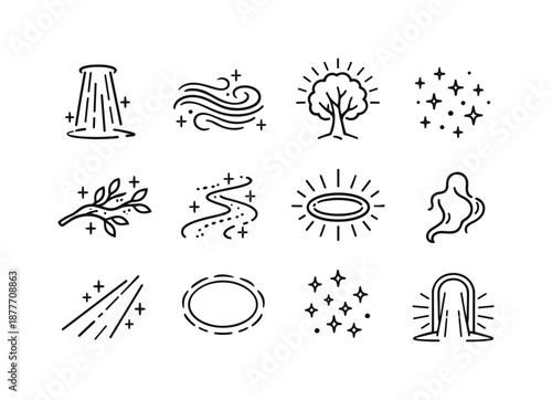 Mystical Forest Icons. Mystical Forest Light. Line icon set of Mystical Forest Light: enchanted beam, magical mist, glowing tree, ethereal particles, luminous