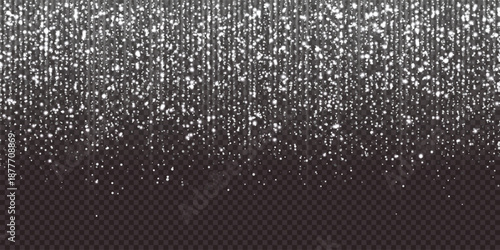 Shimmering silver starry shower bg with glowing stars cascade effect. Luxurious sparkling silver sequins curtain falling on a dark. Twinkling stardust particles with radiant light. Vector illustration
