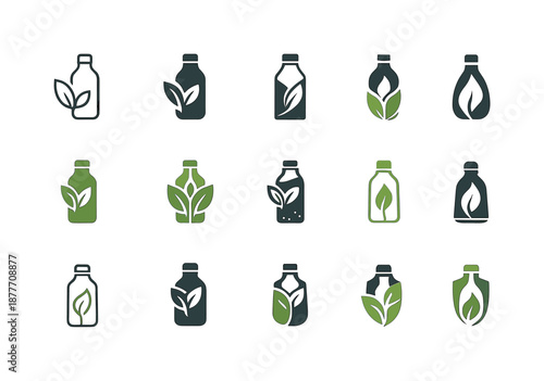 Plastic-Free Logo Set. plastic-free lifestyle. Icon set. Set Logo of plastic-free lifestyle: water bottle alternative. harmonious logo variations of the same