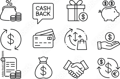 Hand drawn finance and cashback doodle icons set with savings gifts transactions currency exchange outline style