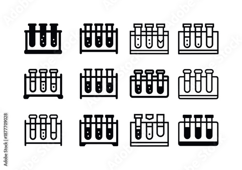 Chemical Experiment Icons. Chemical experiment. Icon set. Set Logo of chemical experiment: test tube rack. harmonious logo variations of the same emblematic