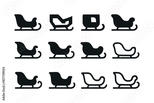 Christmas Sleigh Icon Set. Christmas. Icon set. Set Logo of Christmas: sleigh silhouette. harmonious logo variations of the same emblematic concept, each with
