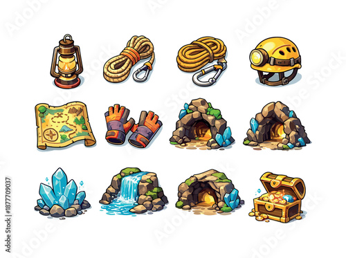 Cave Adventure Icons. cave adventure. Colorful isometric vector icons set of cave adventure: lantern, rope, backpack, compass, helmet, map, climbing gloves,