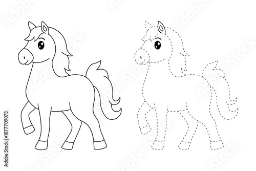 Horse coloring pages. Trace and color horse. Coloring page outline of cute horse. Wild animals horse coloring pages worksheets printable for kids, Kindergarten and preschool activity.