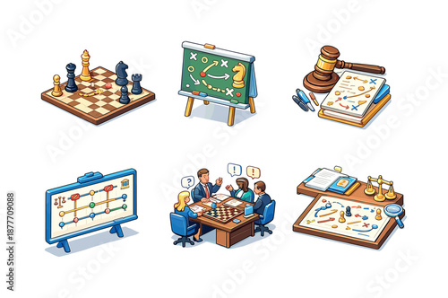 Legal Strategy Icons. Legal strategy. Isometric flat vector icons set of legal strategy: chessboard with legal pieces, strategy diagram on board, gavel with