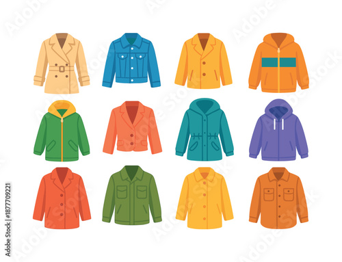 Colorful Spring Outerwear Icons. Spring outerwear. Colorful flat vector icons set of Spring outerwear: light trench, denim jacket, short coat, windbreaker,