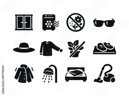 Spring Allergy Icons. Spring allergies. Solid icon set of avoidance strategies: closed window, air purifier, no-pollen sign, sunglasses, hat brim, long sleeve,