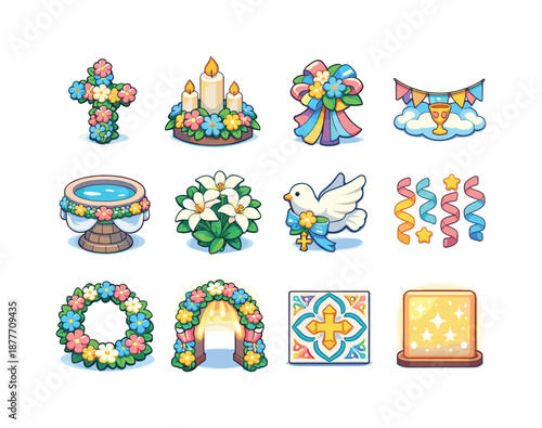 Baptism Icon Decor. Baptism decor. Colorful isometric vector icons set of baptism decor: floral cross, candle arrangement, ribbon bouquet, baptismal banner,
