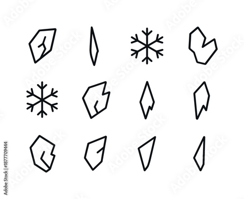 Ice Shard Icons. Ice shards. Line icon set of Ice shards: frozen fragment, sharp icicle, frost crystal, cracked ice piece, snowflake shard, jagged freeze
