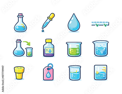 Colorful Dilution Icons. Dilution Setup. Colorful flat vector icons set of Dilution Setup: volumetric flask, pipette, drop icon, fill line, dilution arrows,