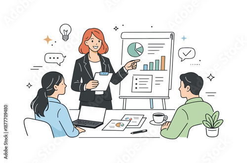 Female Leadership Presentation. Women in executive roles. Female leader presenting ideas to a small team using simple charts and documents. Professional yet