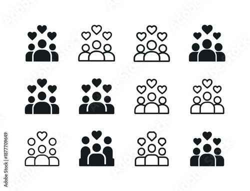 Standing Ovation Icons. Standing ovation. Icon set. Set Logo of standing ovation: hearts above audience. harmonious logo variations of the same emblematic