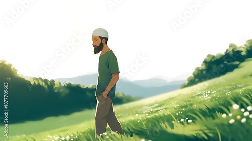 Muslim man walking in green grassy field at morning light - 2d animation