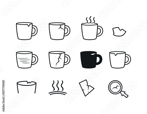 Chipped Mug Icons. Chipped coffee mug. Line icon set of chipped coffee mug: cracked mug rim, handle fracture arc, ceramic texture lines, steam symbol, broken