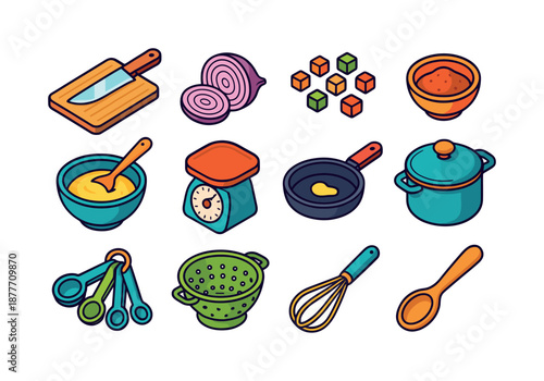 Colorful Kitchen Icon Set. Food preparation. Colorful isometric vector icons set of food preparation: chopping board, sliced onion, diced veggies, spice bowl,