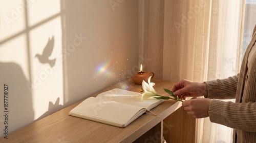 Woman placing lily on open book with dove shadow and candle light