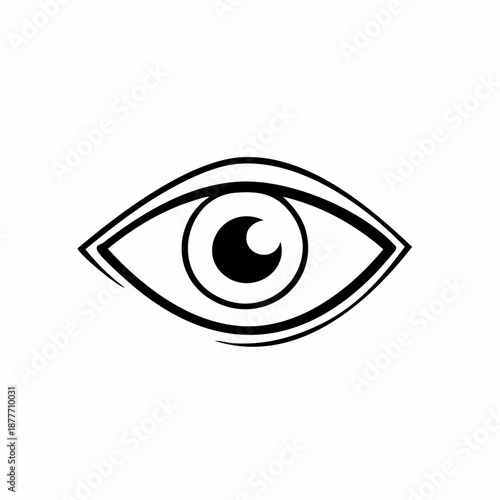 Simple black and white illustration of a human eye with a crescent moon in the pupil, viewed directly from the front