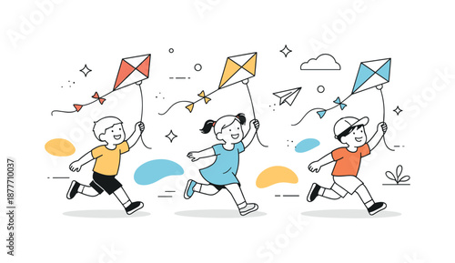 Joyful Kite Flying. Kids flying kites. Children running outdoors while holding colorful kites high in the sky. Playful movement and carefree joy with abstract