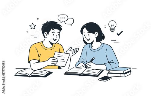 Collaborative Student Study. Students studying together. Two students exchanging notes and quietly discussing homework, relaxed and supportive interaction.