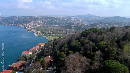 Wallpaper Mural Aerial drone footage of the Kandilli and Vanikoy coastline along the Bosphorus in Istanbul, showing hillside residences, red-roof homes, coastal roads and the wide blue strait stretching into the dist Torontodigital.ca