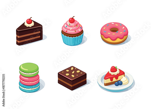 Isometric Dessert Icons. Desserts. Isometric flat vector icons set of desserts: chocolate cake slice, cupcake with frosting, donut with glaze, macaron stack,