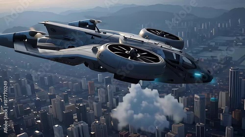 Advanced Sci-Fi Hovercraft Patrol Above Megacity.