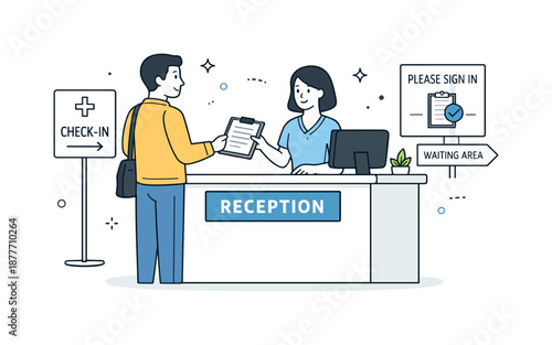 Welcoming Hospital Reception. Hospital visit reception. Patient checking in at the front desk with documents and simple signage nearby. Organized process and