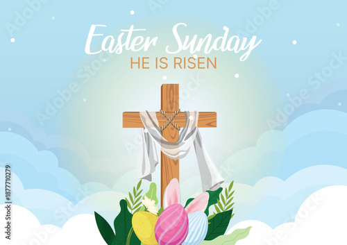 Easter Sunday concept with cross and decorated eggs, He is Risen