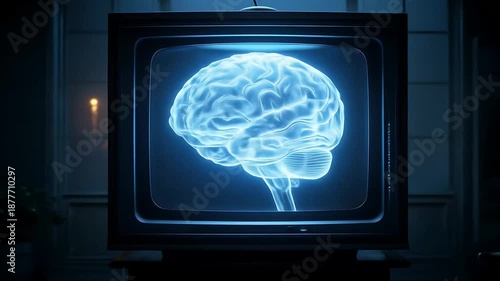 Neon Brain Displayed on Vintage TV in Dark Room – Artificial Intelligence Concept.