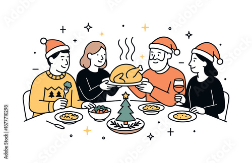 Festive Family Feast. Christmas dinner. People sharing a festive meal at a table with simple holiday food. Calm joyful mood and togetherness with subtle steam
