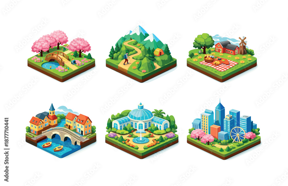 Obraz premium Spring Travel Icons. Spring travel places. Isometric flat vector icons set of Spring travel places: cherry blossom park, mountain hiking trail, countryside